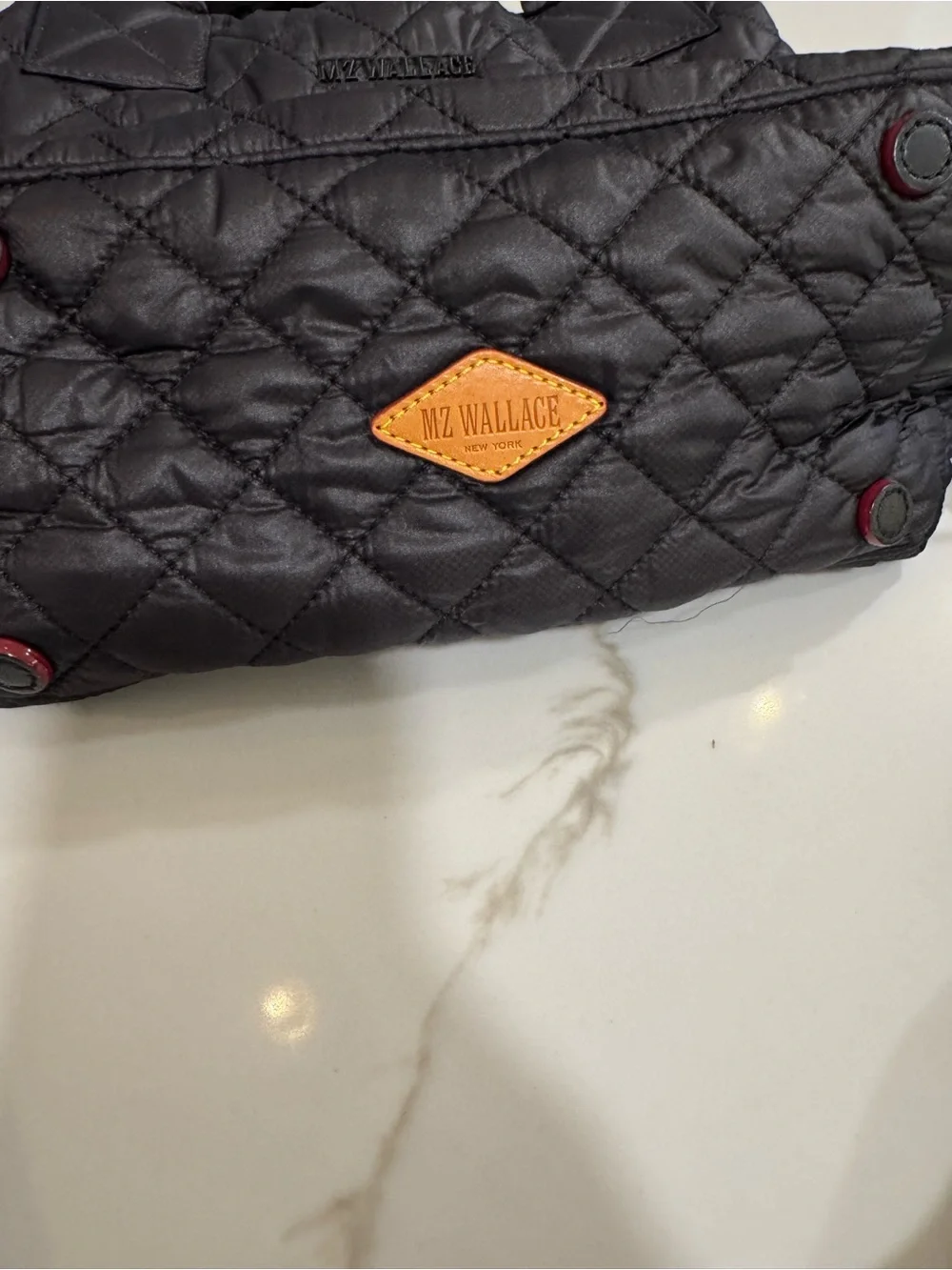 MZ Wallace Black Quilted Small Sutton Satchel with Red Accents